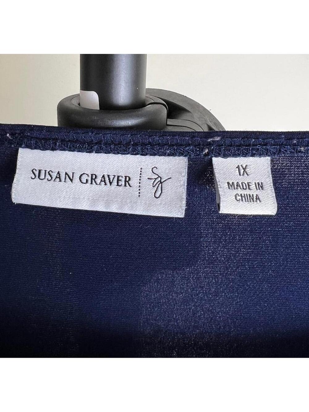 Susan Graver 1X Colorblock Tunic Top Blue Navy Stretch 3/4 Sleeve Plus Size - Picture 3 of 4